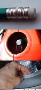 Three utilizes of plastic: a latex pen eraser, the plastic drive buckle from vacuum pressure cleanser, and a washing machine gasket
